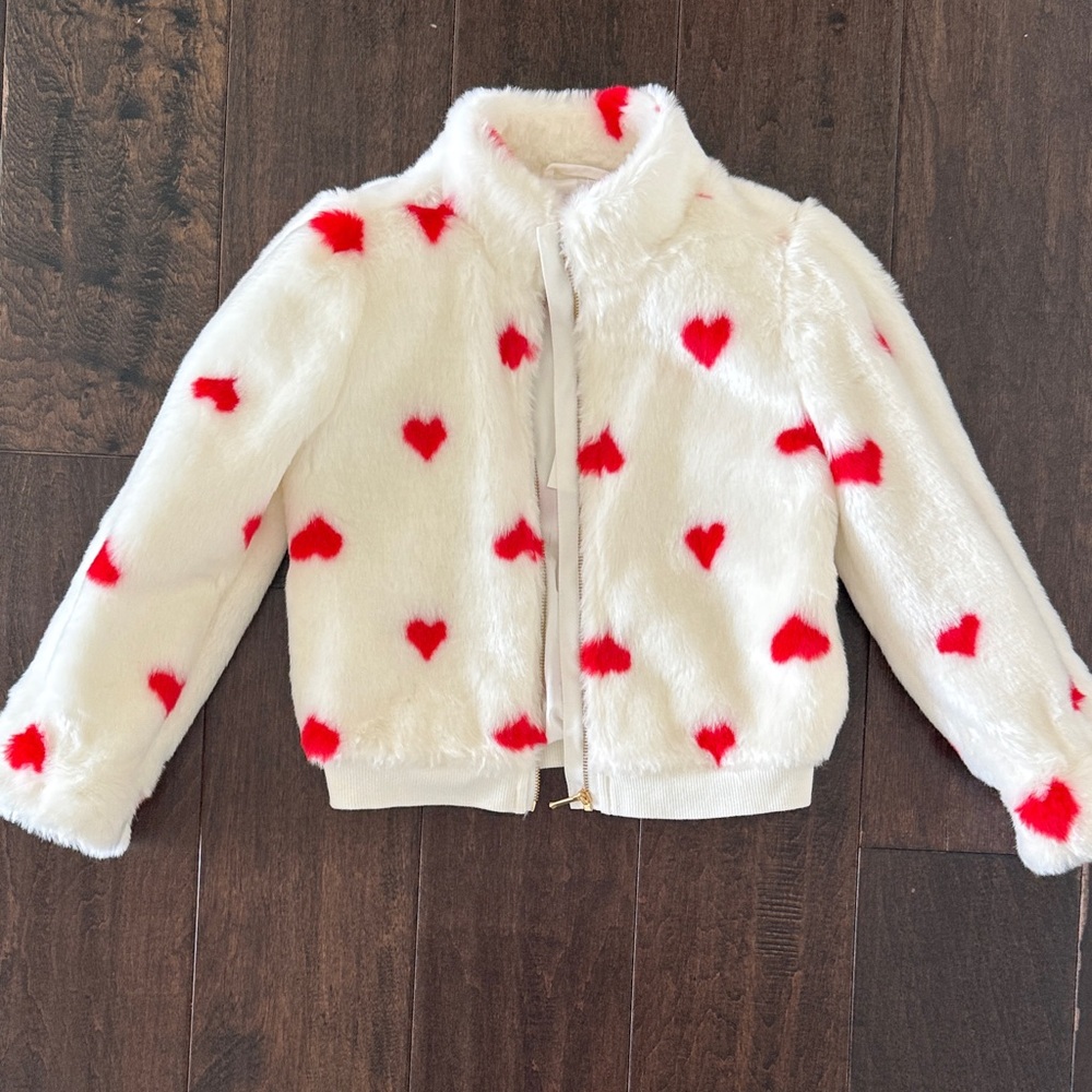 NWT Janie and Jack Girls Chic White Fur Jacket with Red Hearts